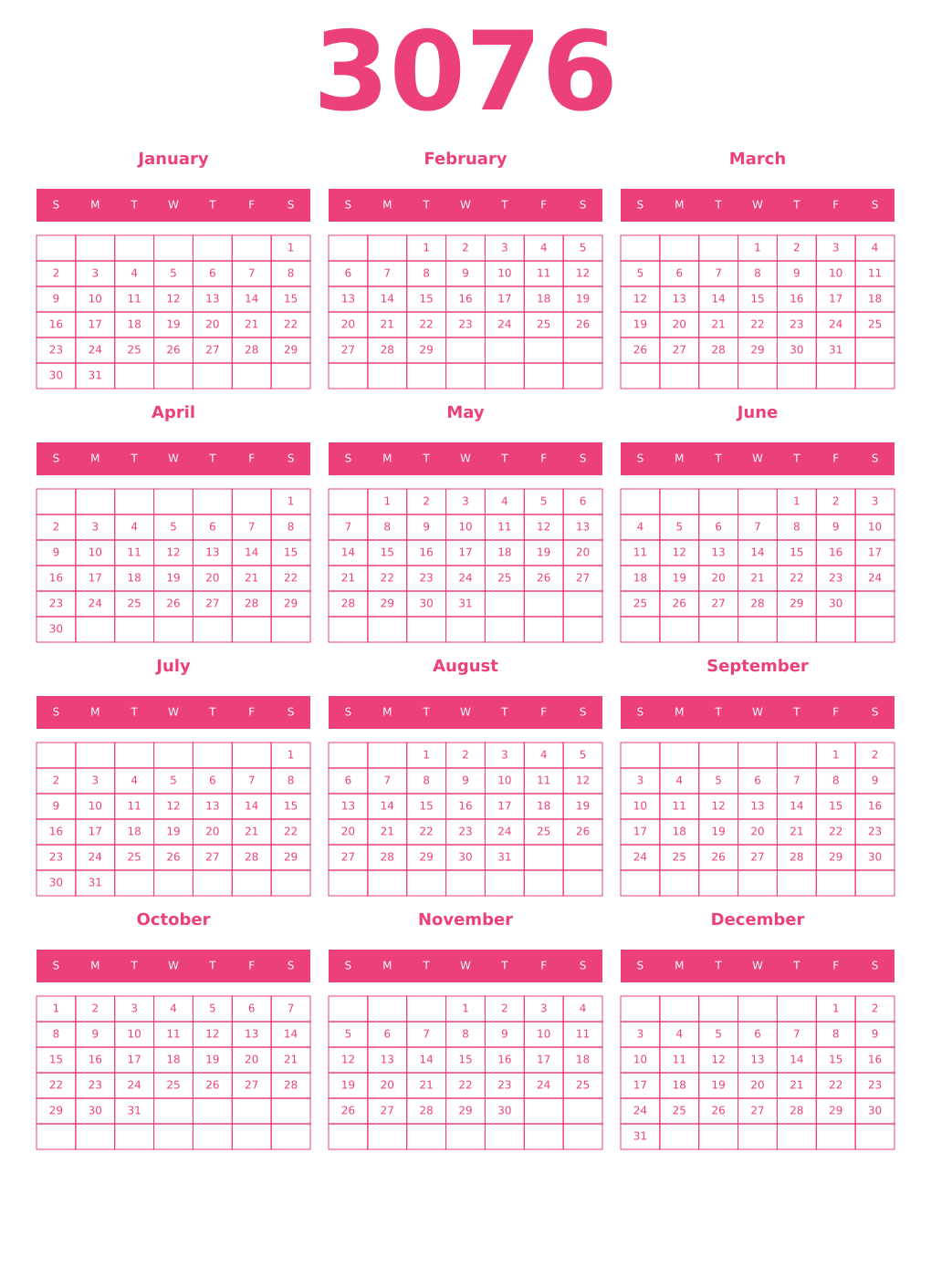 Printable 3076 Year Calendars pink