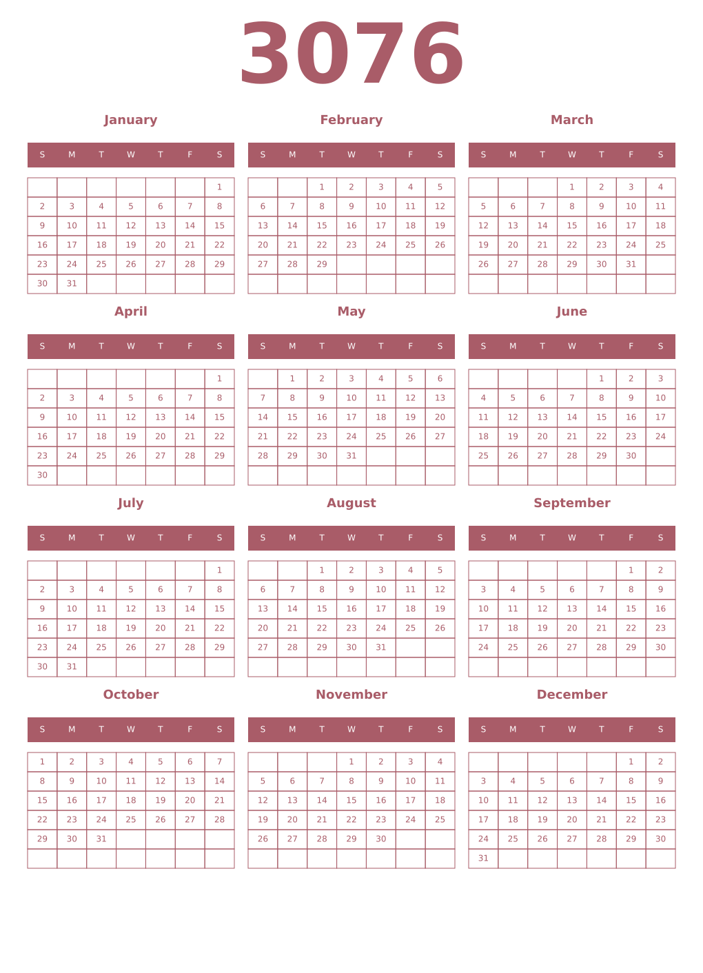 Printable 3076 Year Calendars puce