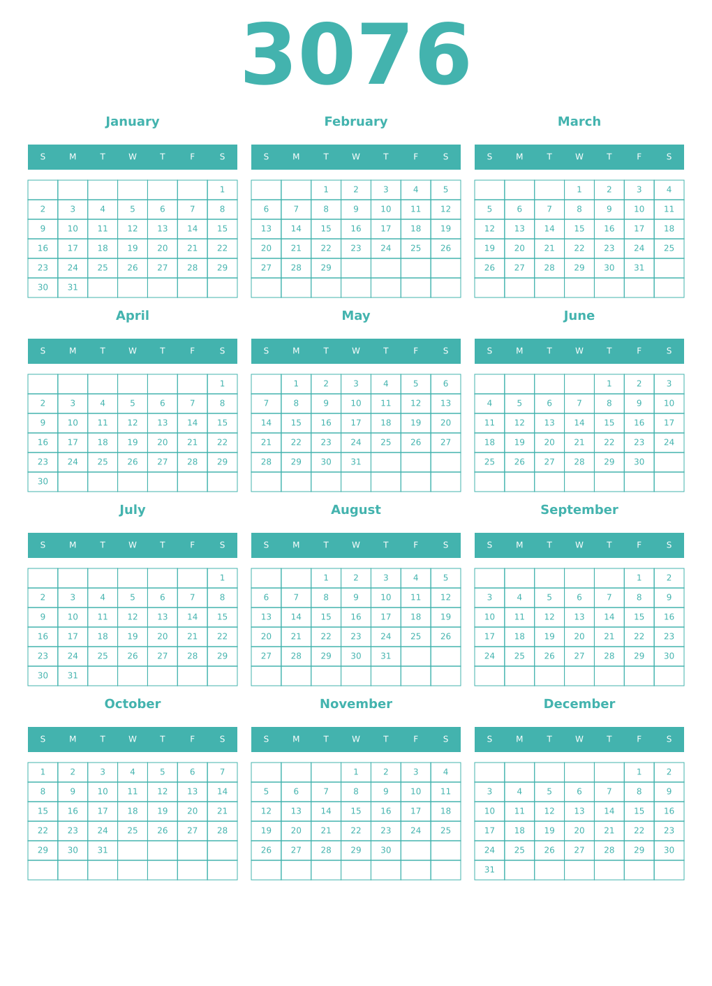 Printable 3076 Year Calendars verdigris