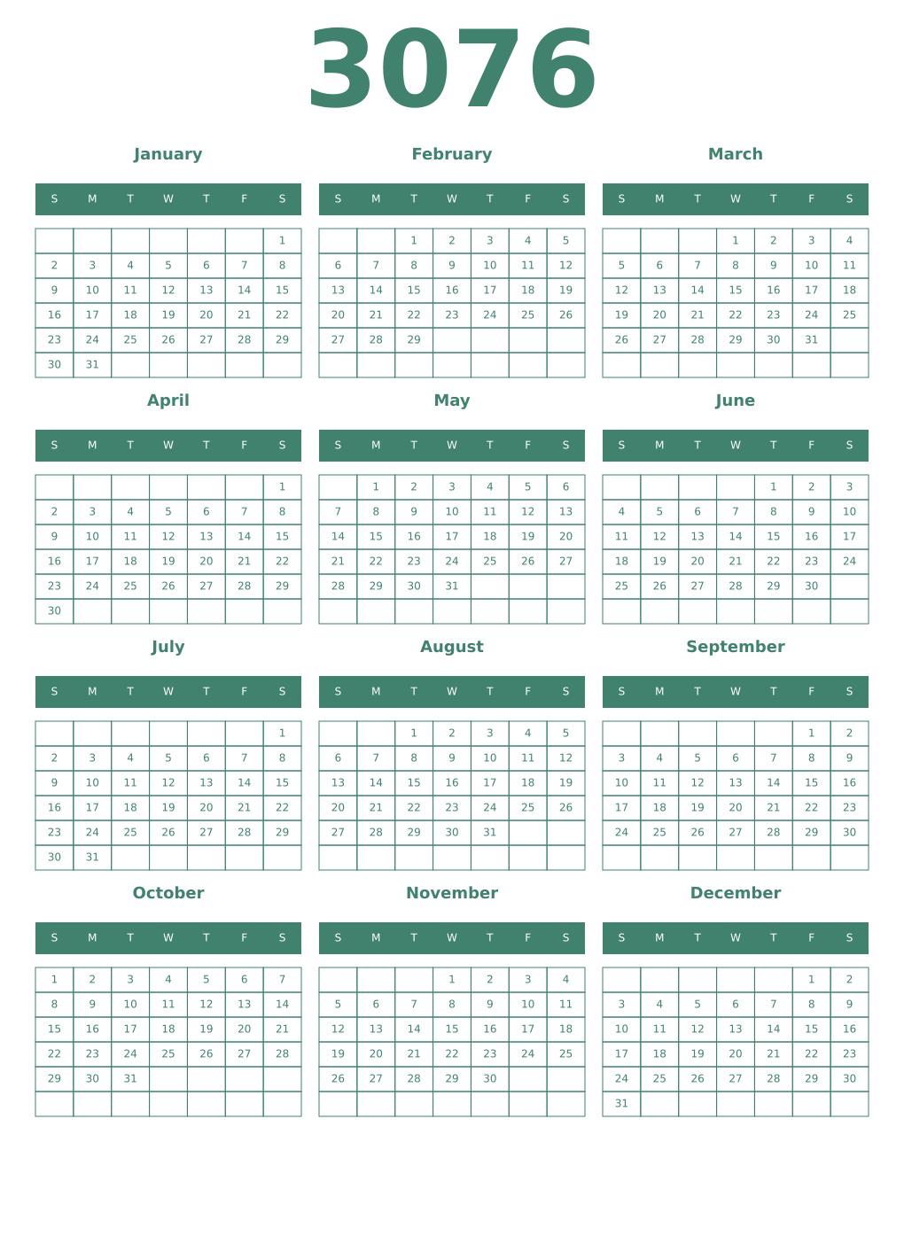 Printable 3076 Year Calendars viridian