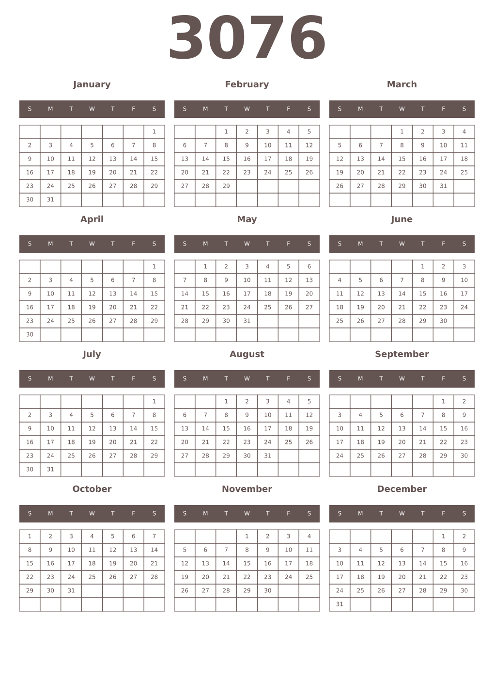 Printable 3076 Year Calendars wenge