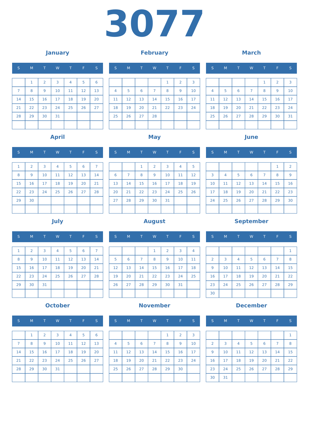 Printable 3077 Year Calendars blue
