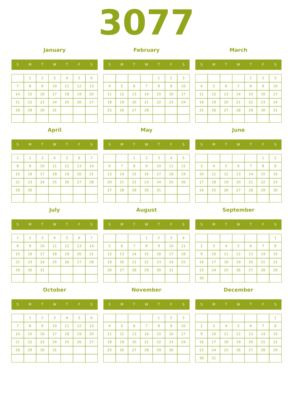 Printable 3077 Year Calendars chartreuse
