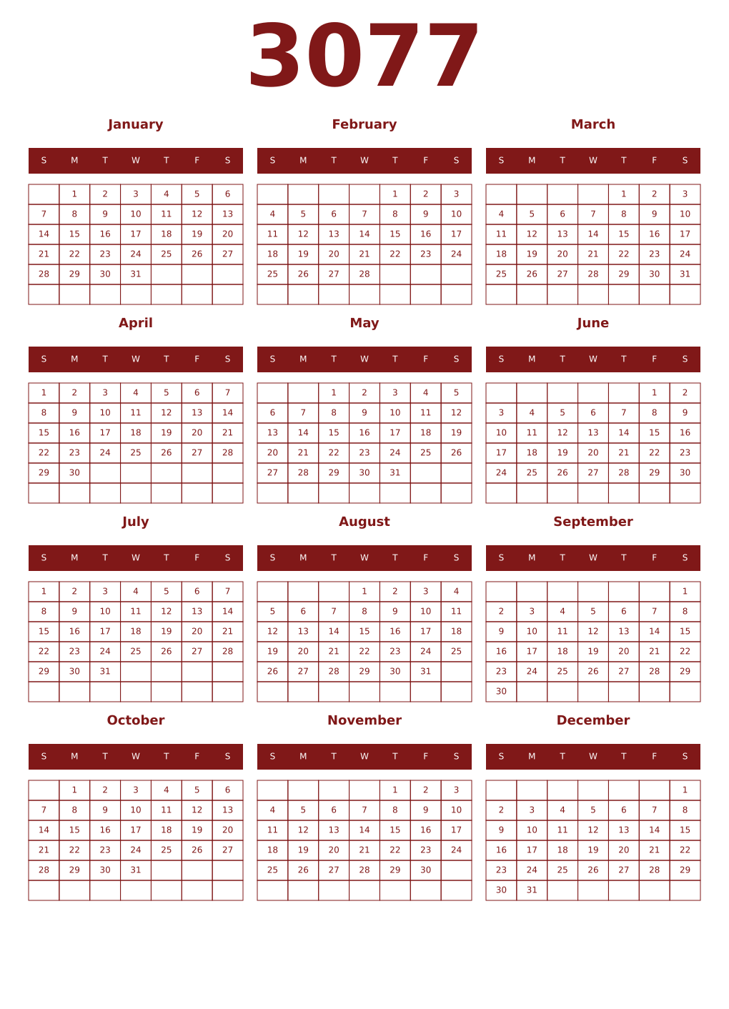 Printable 3077 Year Calendars falu