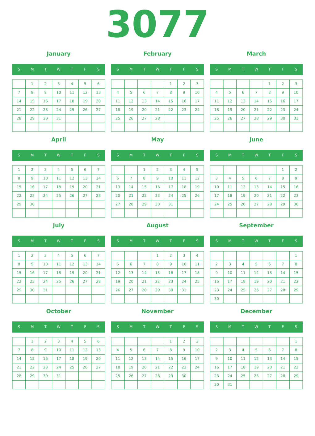 Printable 3077 Year Calendars green