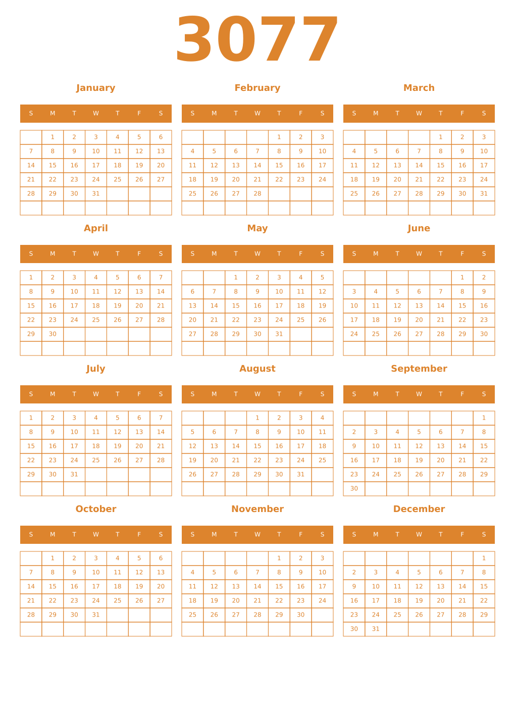 Printable 3077 Year Calendars orange