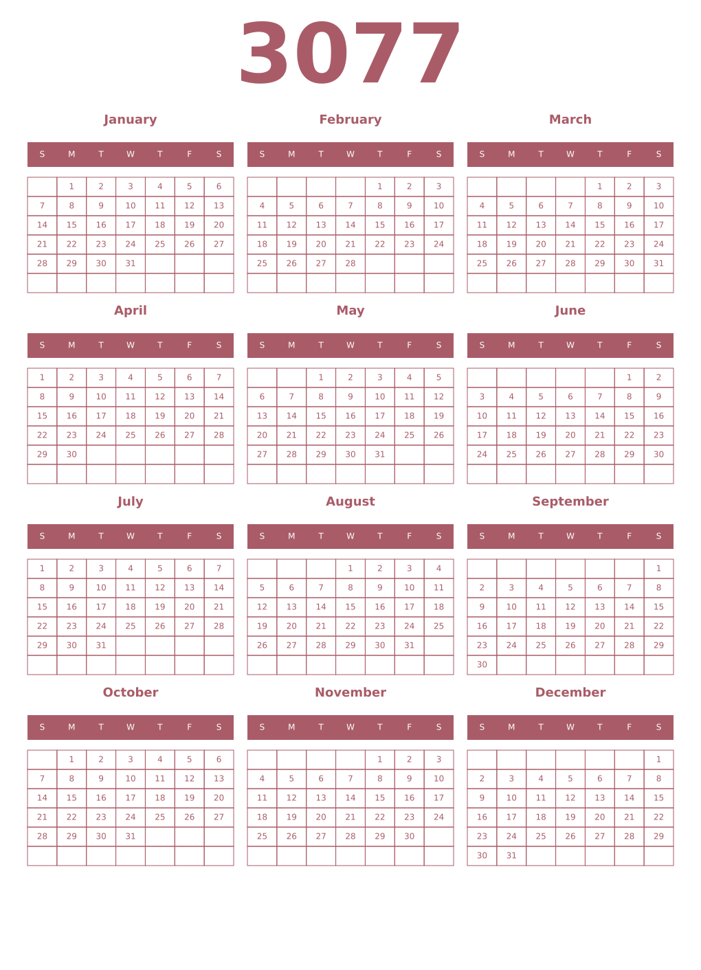 Printable 3077 Year Calendars puce