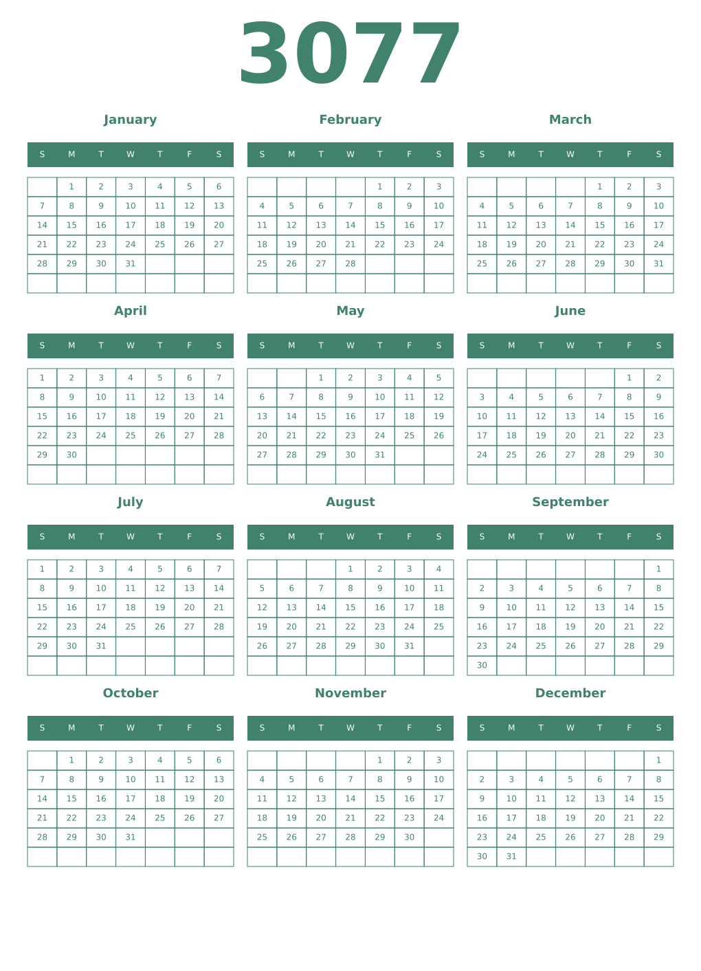 Printable 3077 Year Calendars viridian