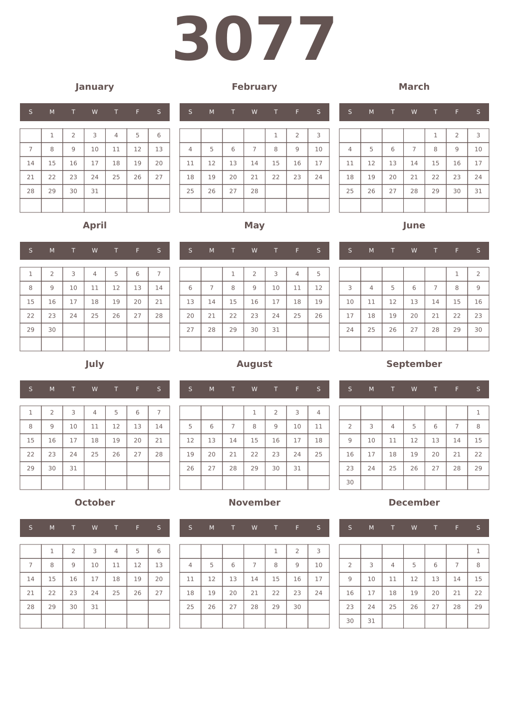 Printable 3077 Year Calendars wenge