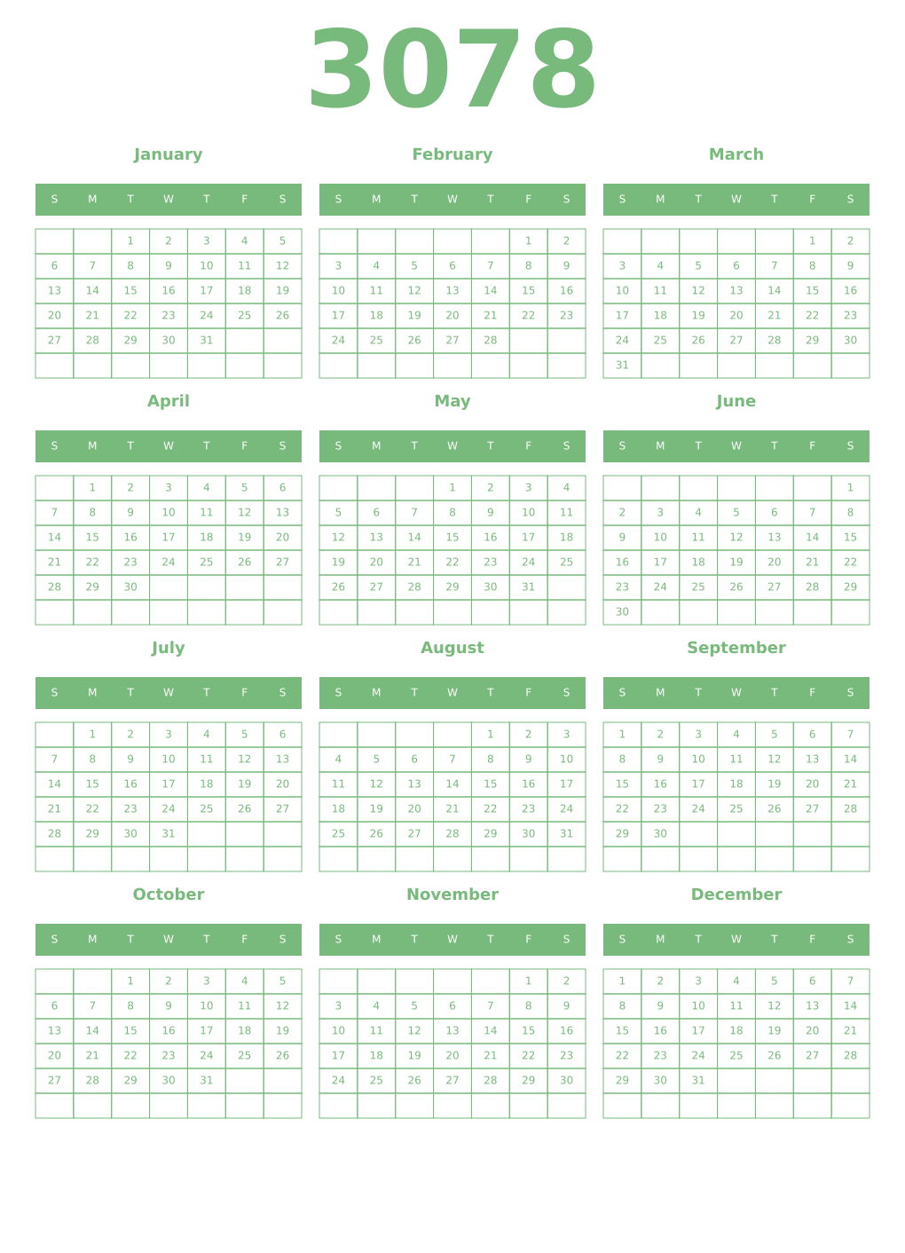 Printable 3078 Year Calendars celadon