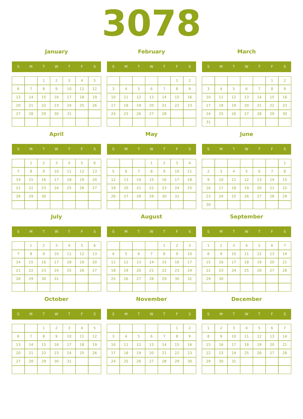 Printable 3078 Year Calendars chartreuse