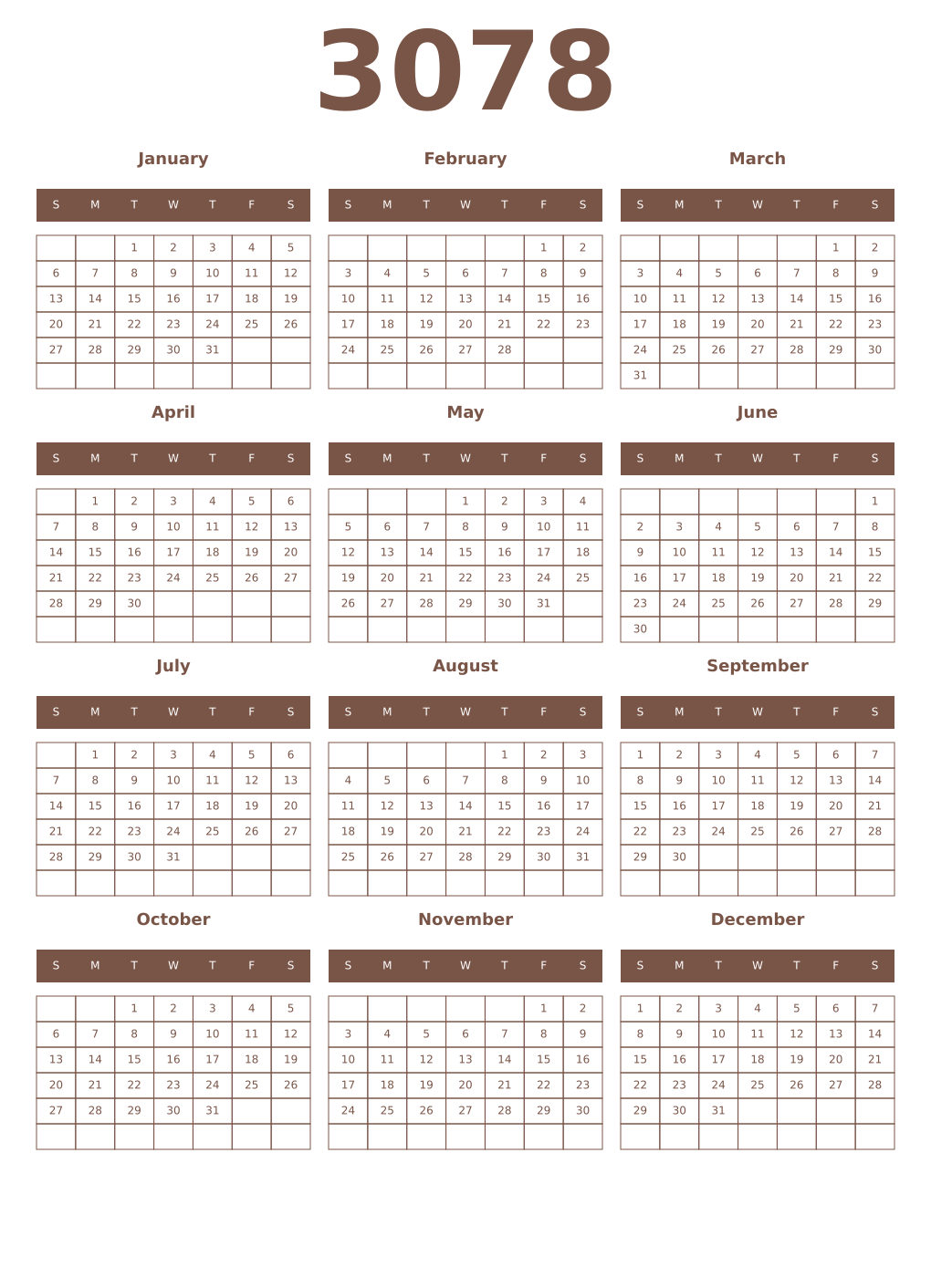 Printable 3078 Year Calendars coffe