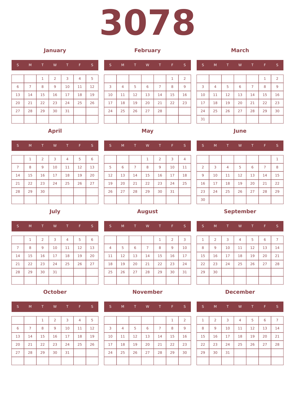 Printable 3078 Year Calendars cordovan