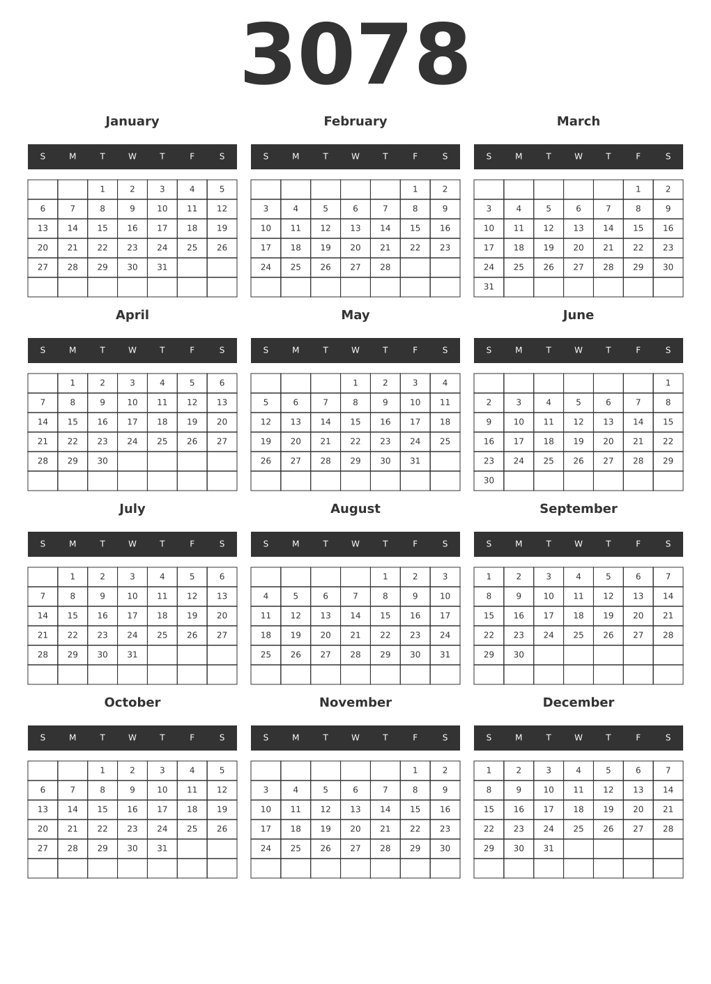 Printable 3078 Year Calendars dark