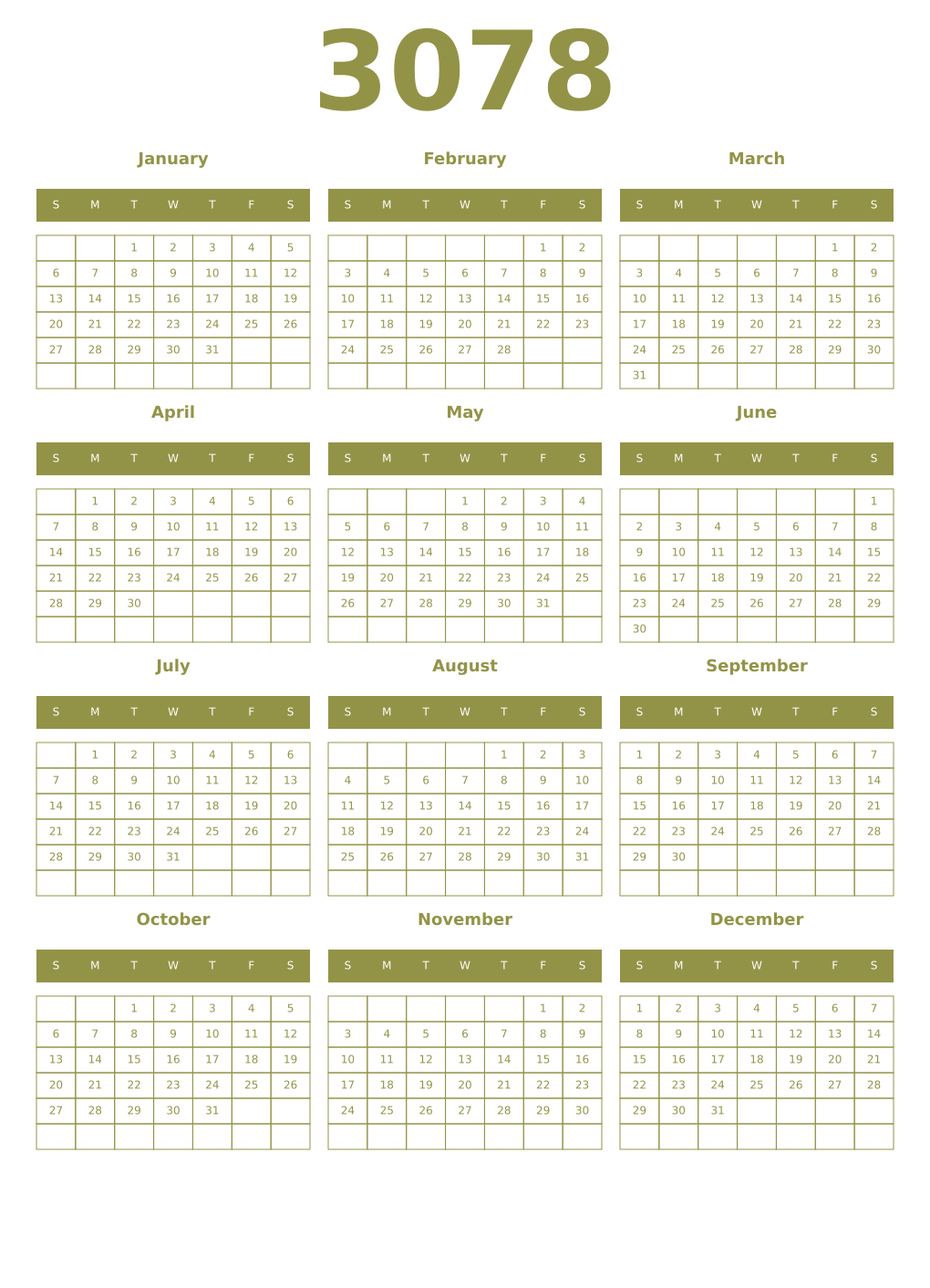 Printable 3078 Year Calendars eburnean