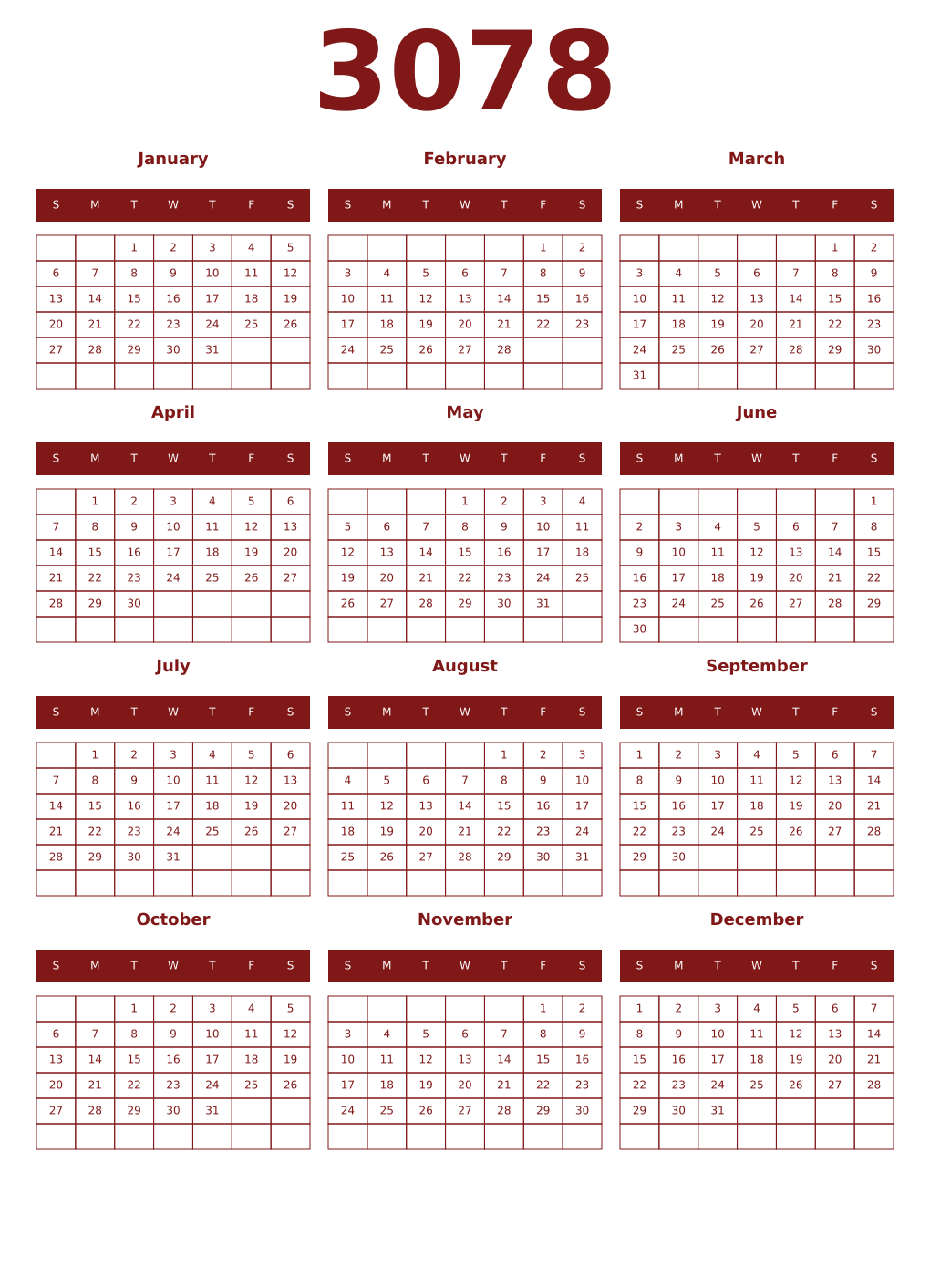 Printable 3078 Year Calendars falu
