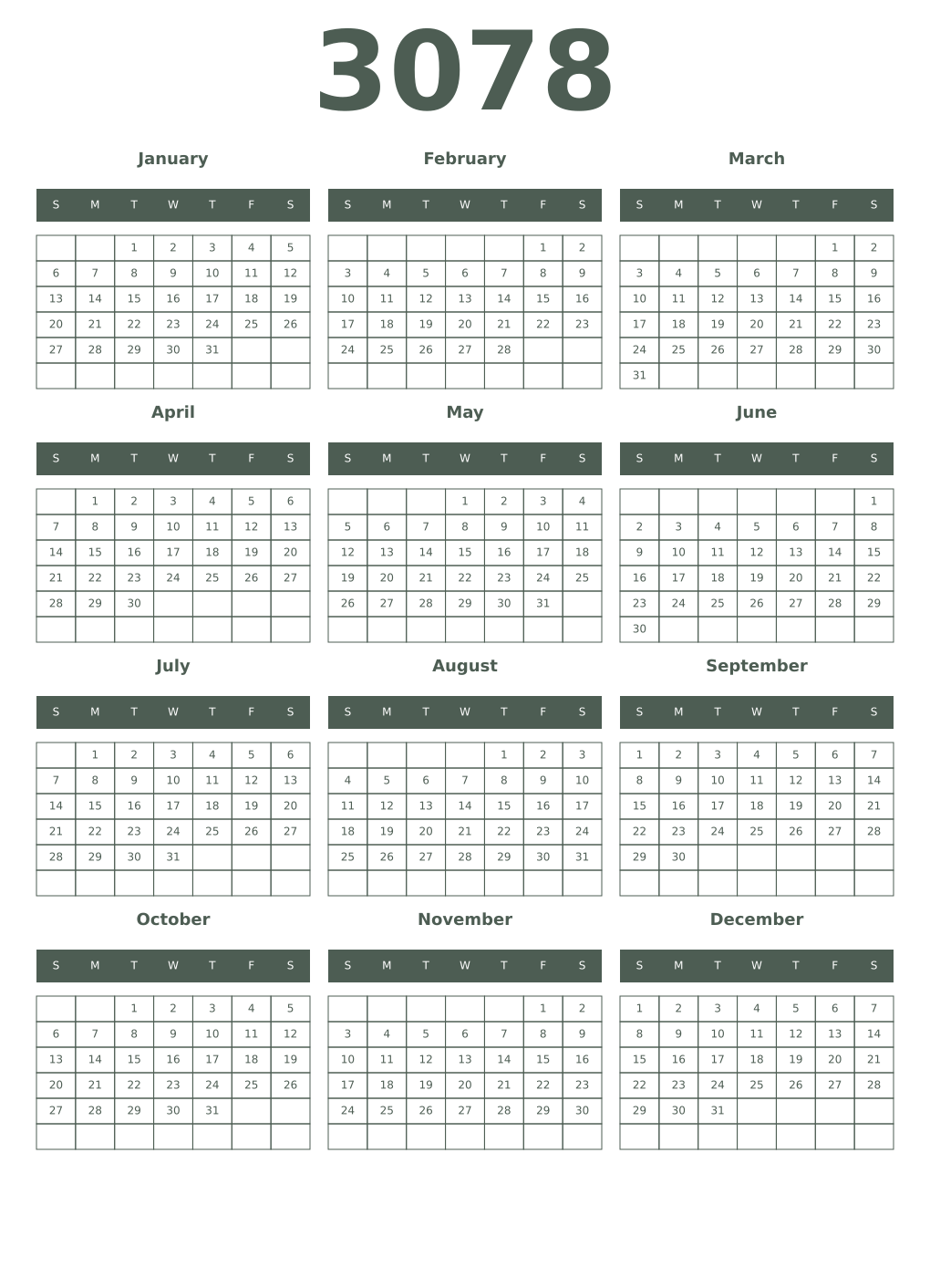 Printable 3078 Year Calendars feldgrau