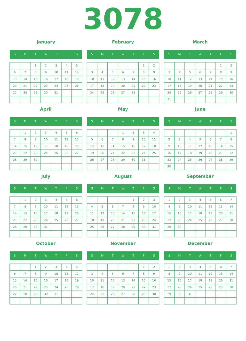 Printable 3078 Year Calendars green