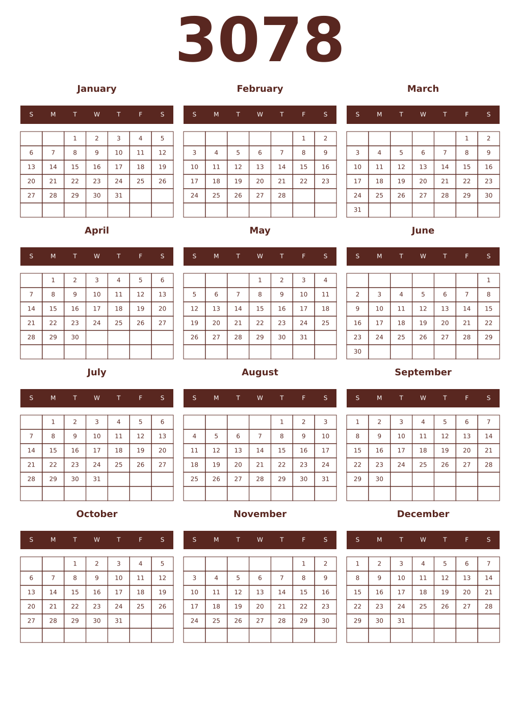 Printable 3078 Year Calendars mortuum