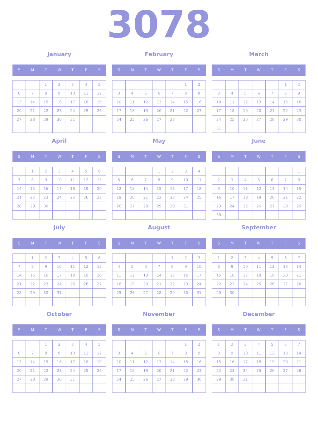 Printable 3078 Year Calendars periwinkle