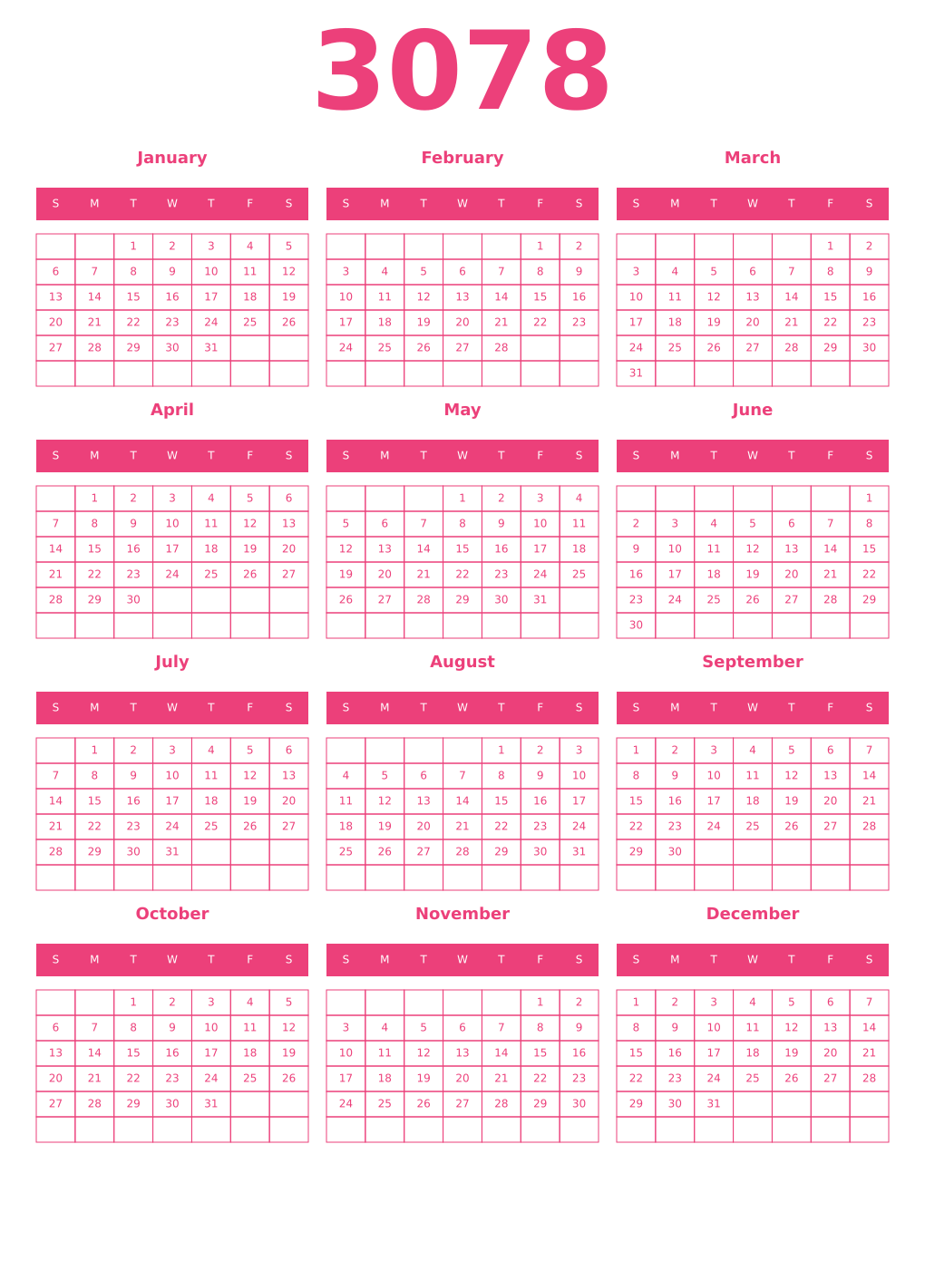 Printable 3078 Year Calendars pink