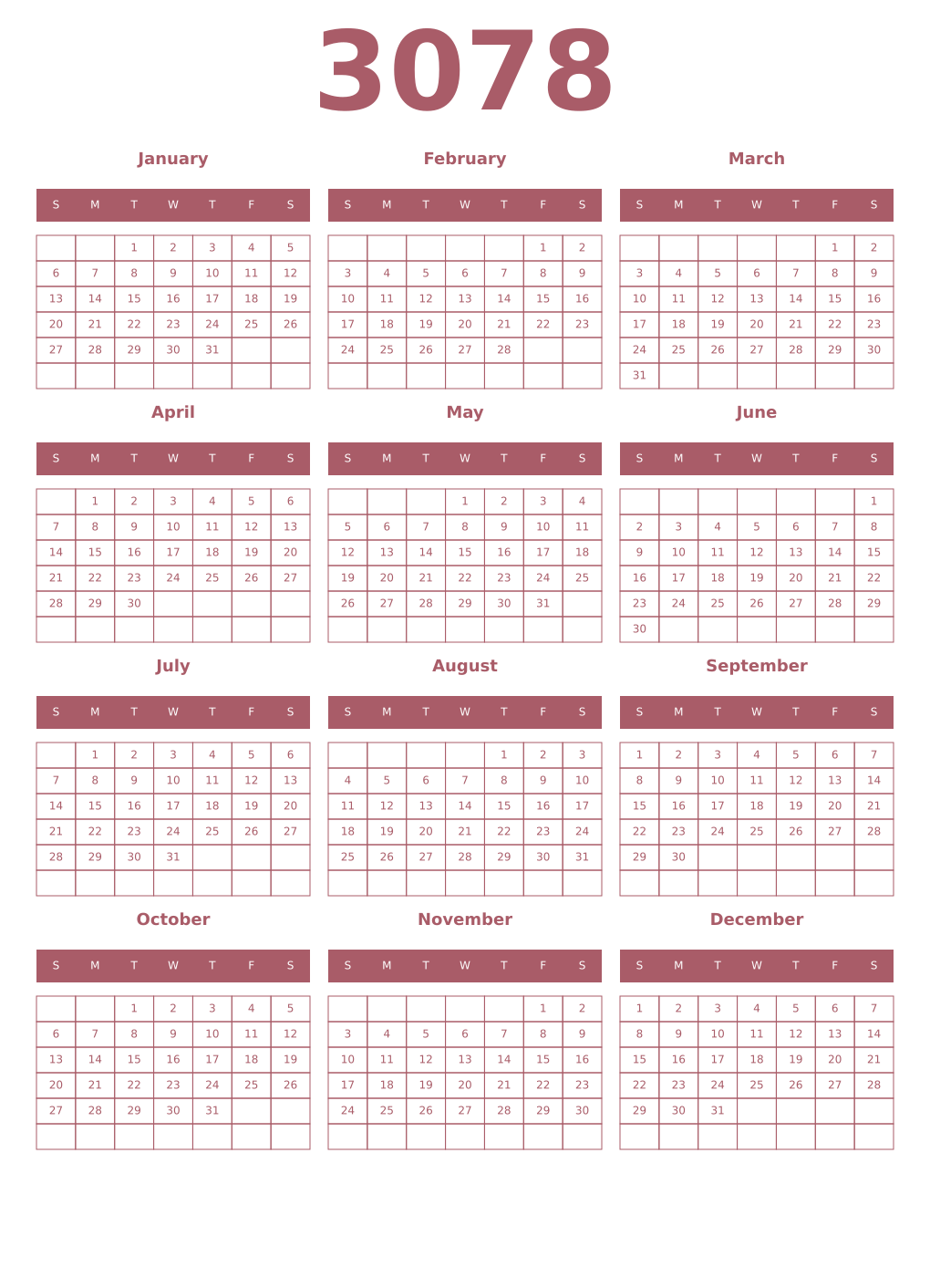 Printable 3078 Year Calendars puce