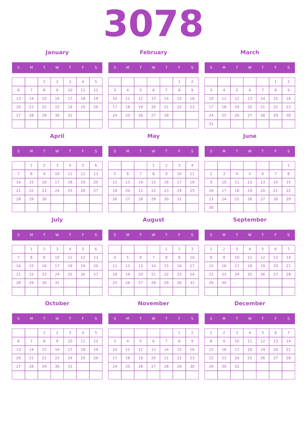 Printable 3078 Year Calendars purple