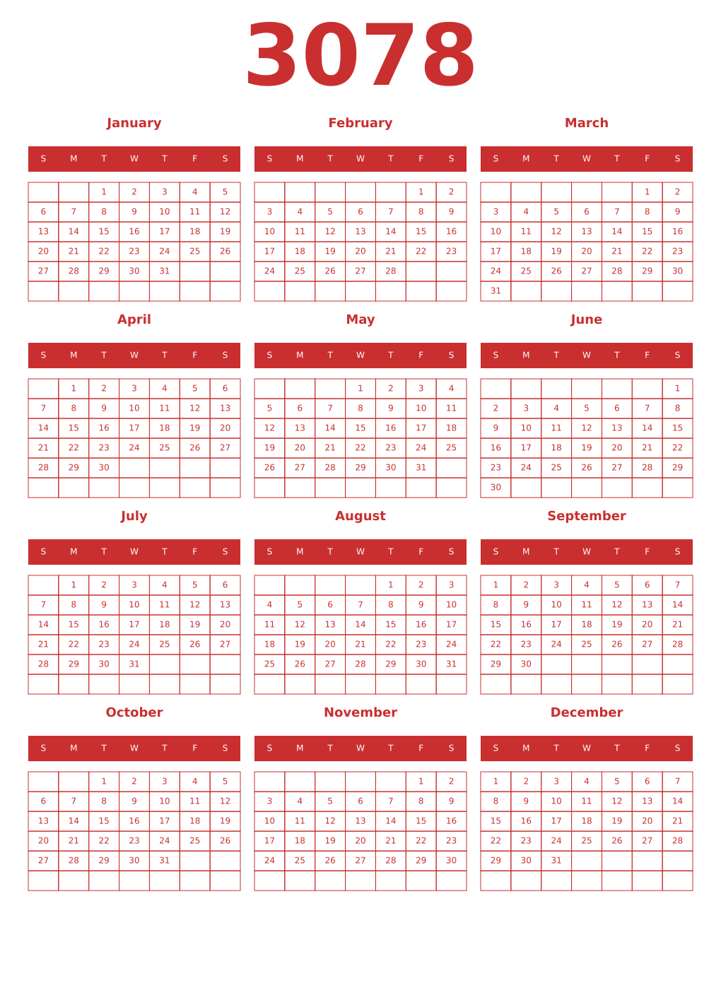 Printable 3078 Year Calendars red