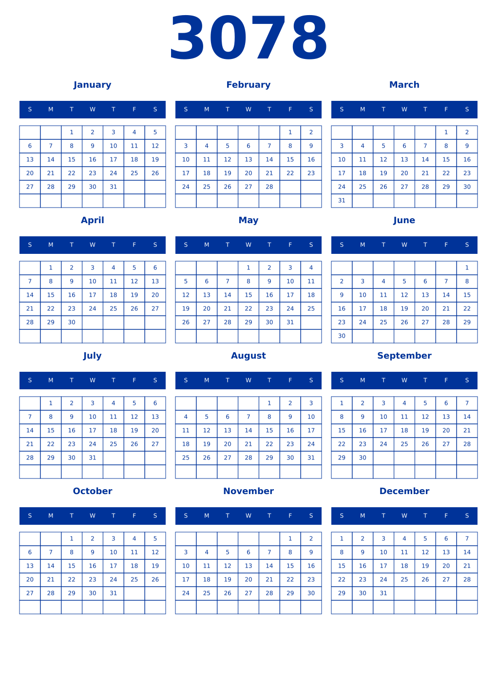 Printable 3078 Year Calendars smalt