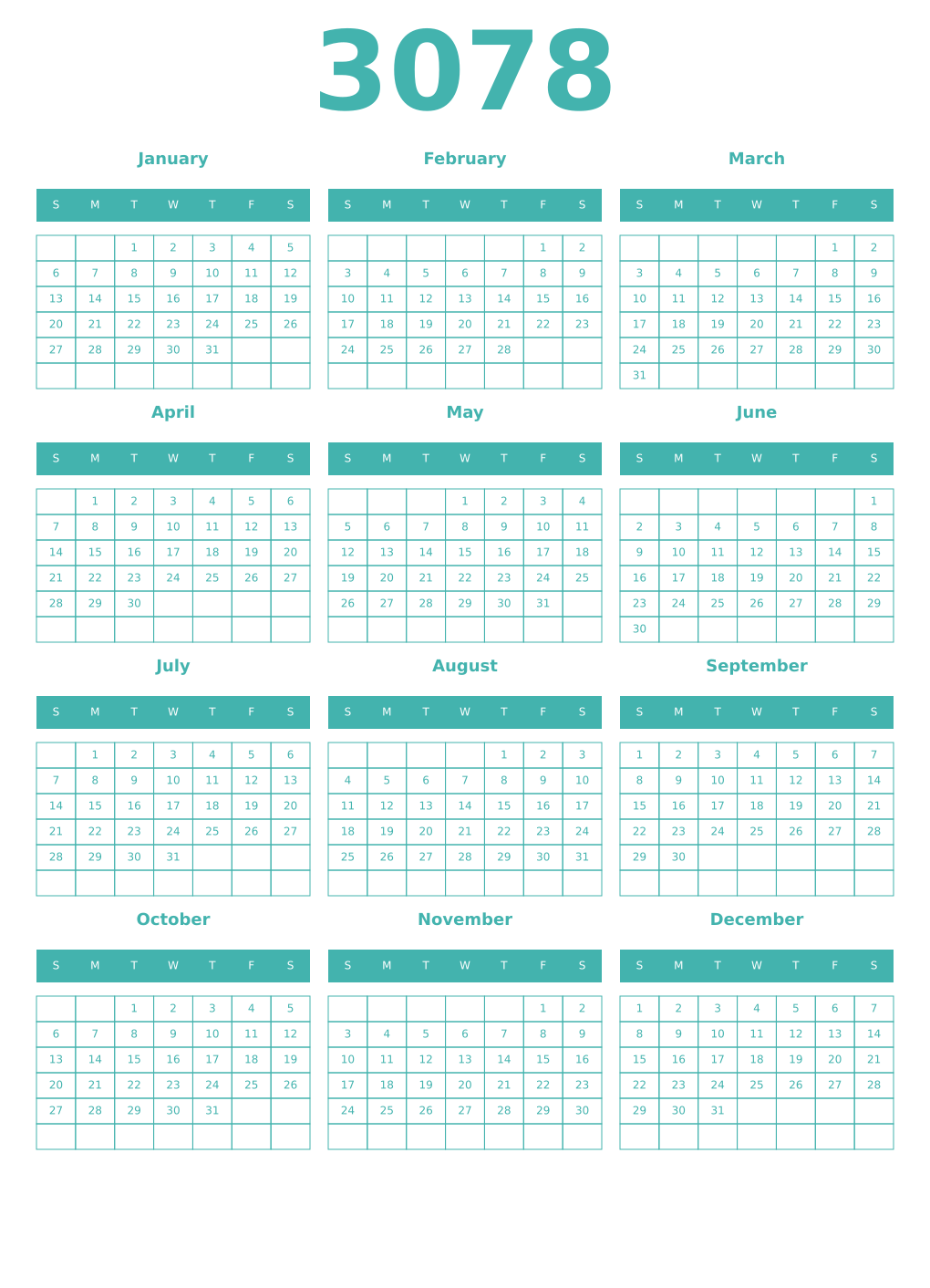 Printable 3078 Year Calendars verdigris