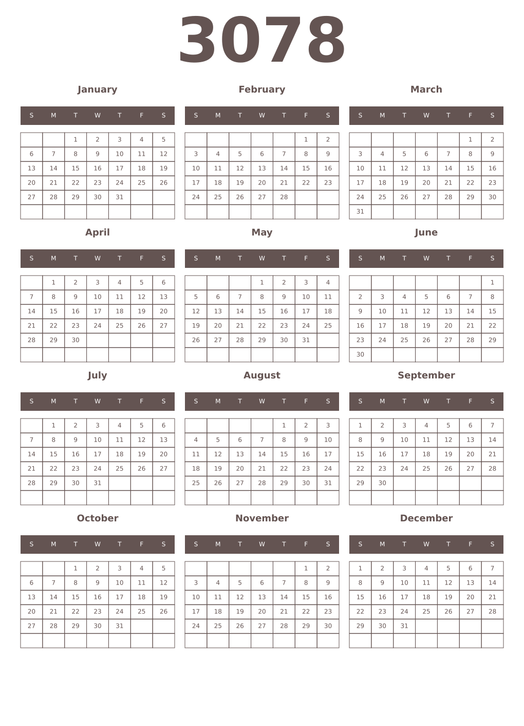 Printable 3078 Year Calendars wenge
