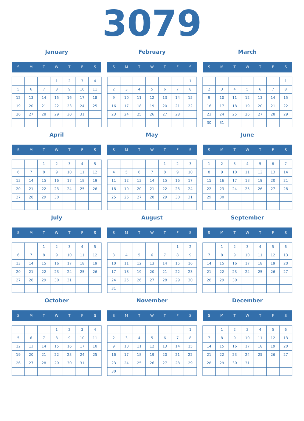 Printable 3079 Year Calendars blue