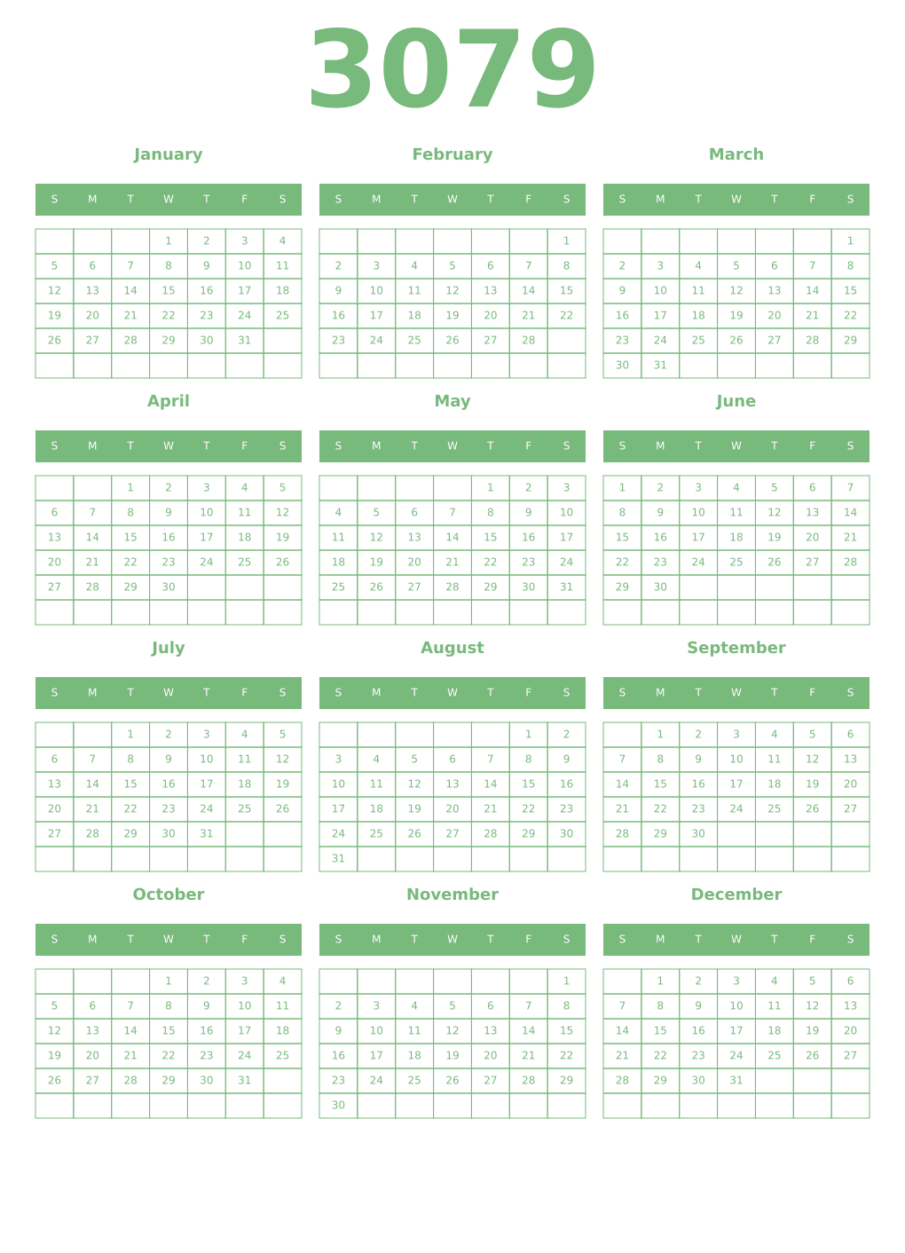 Printable 3079 Year Calendars celadon