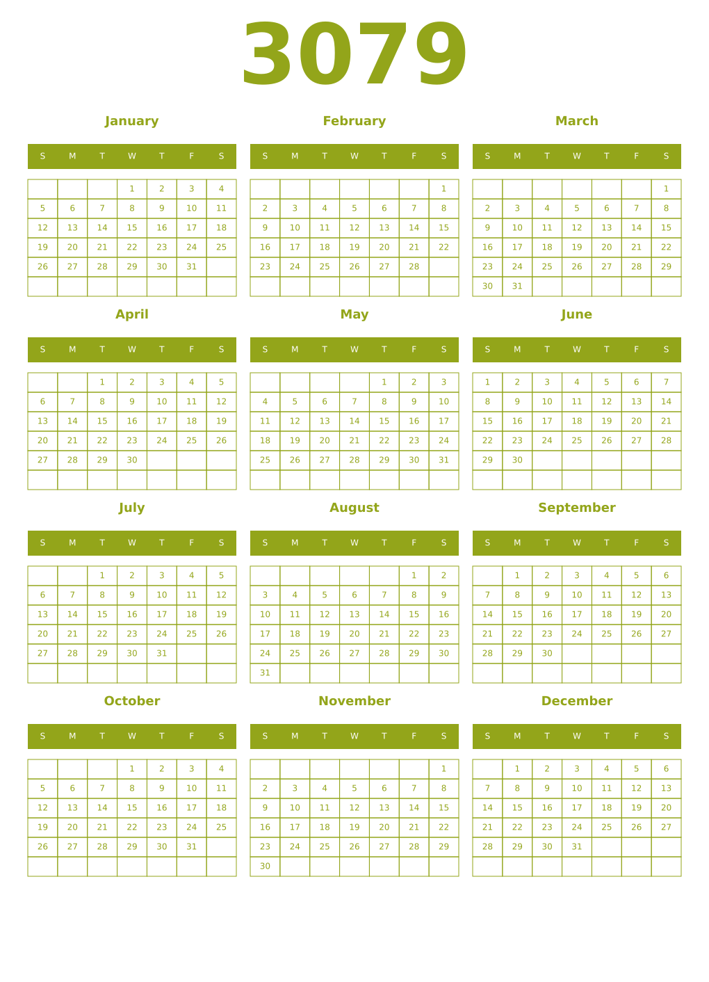 Printable 3079 Year Calendars chartreuse