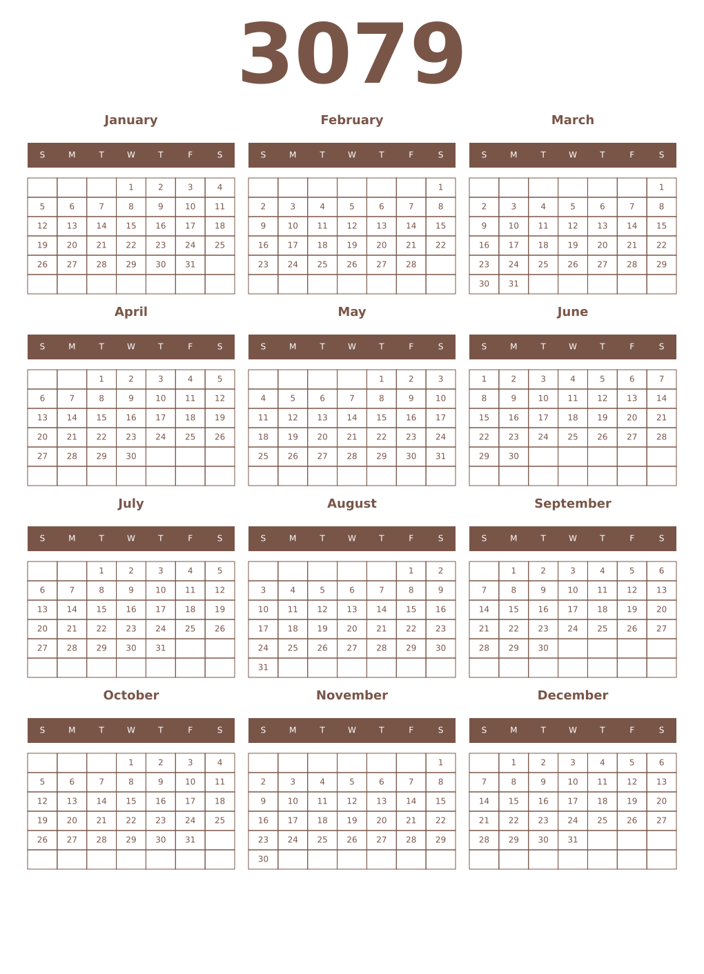 Printable 3079 Year Calendars coffe