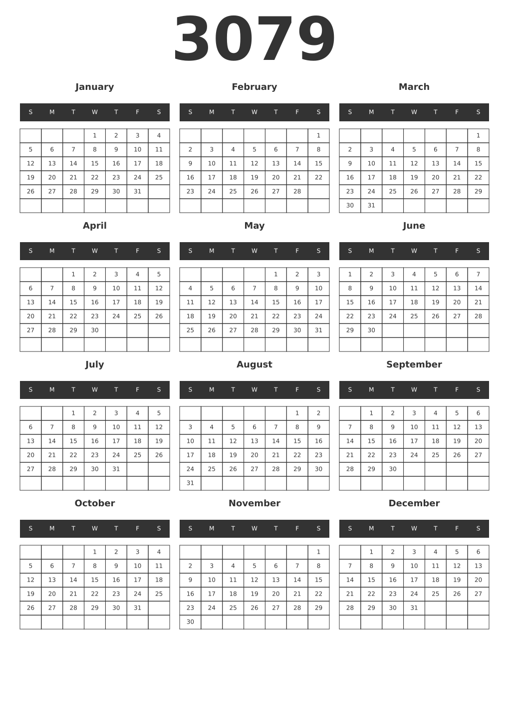 Printable 3079 Year Calendars dark