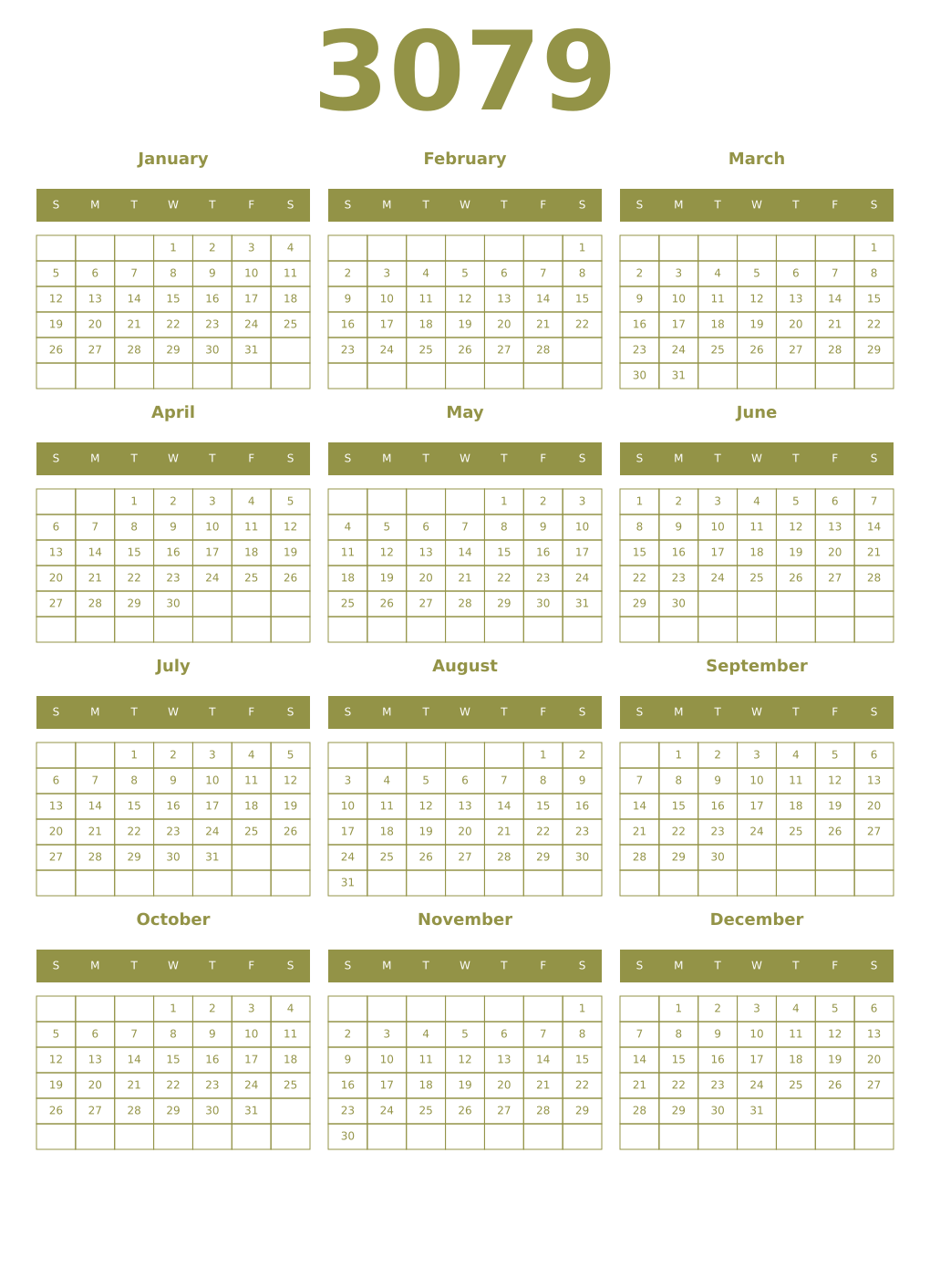 Printable 3079 Year Calendars eburnean