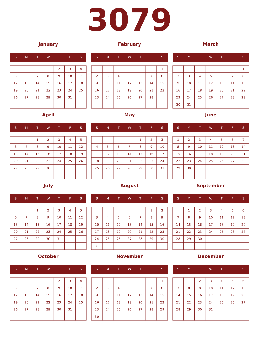 Printable 3079 Year Calendars falu