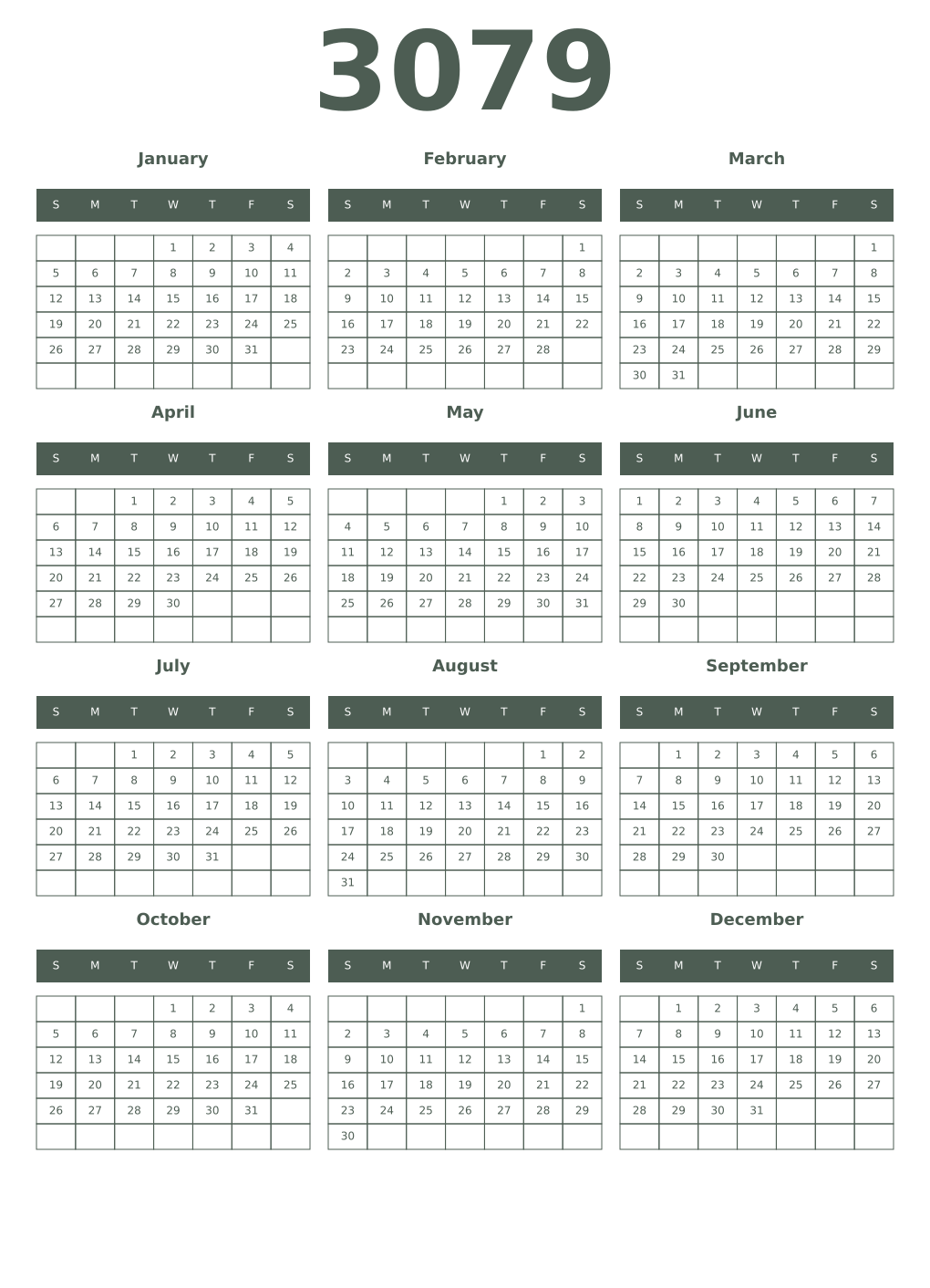Printable 3079 Year Calendars feldgrau