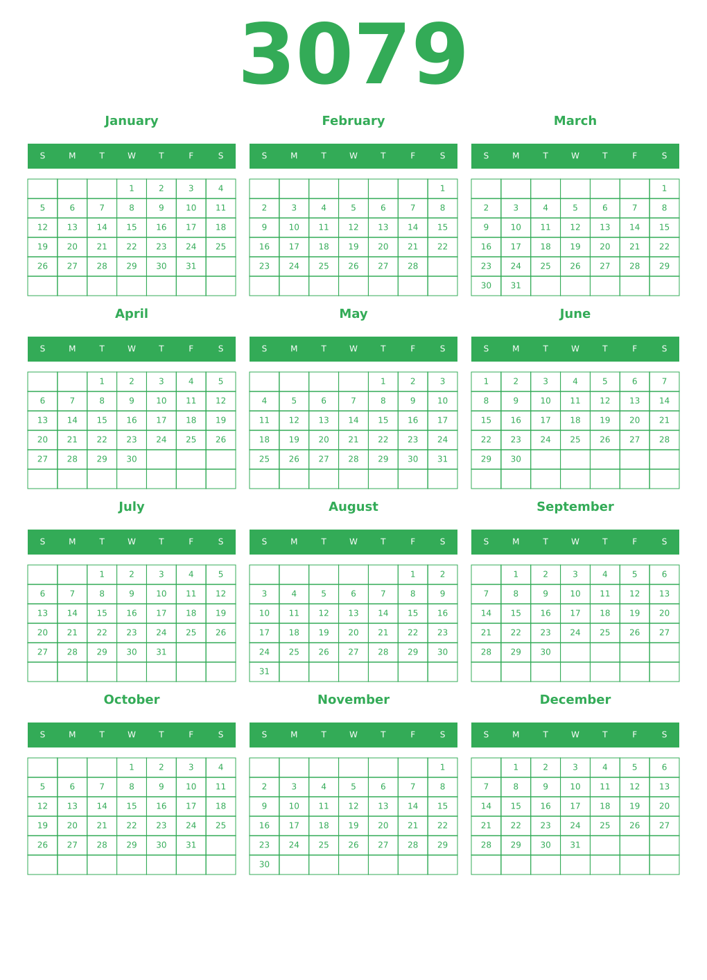 Printable 3079 Year Calendars green