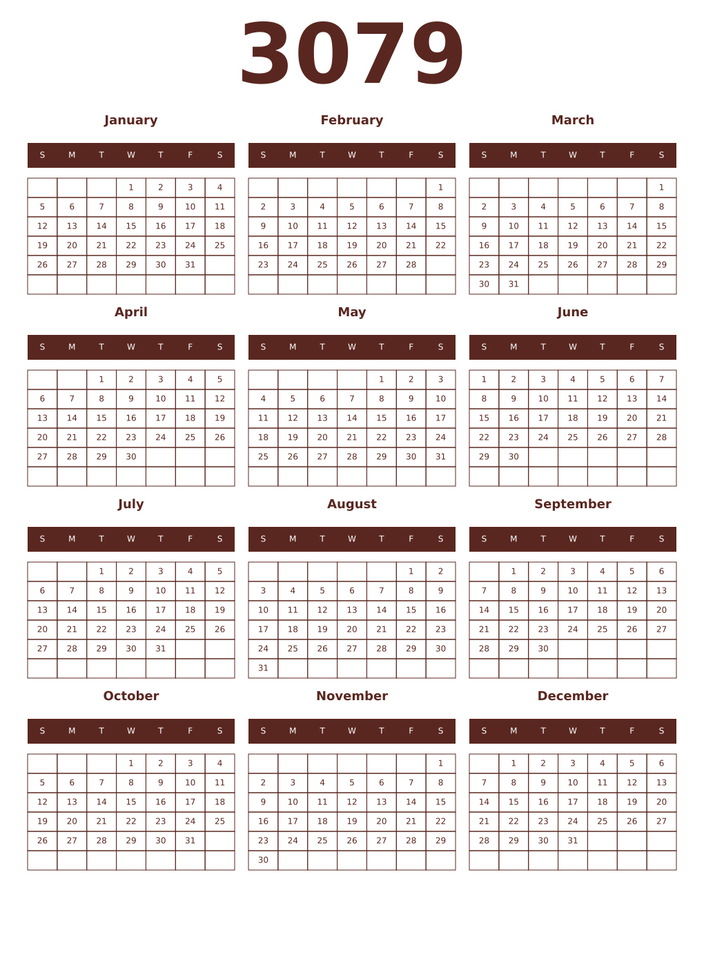 Printable 3079 Year Calendars mortuum