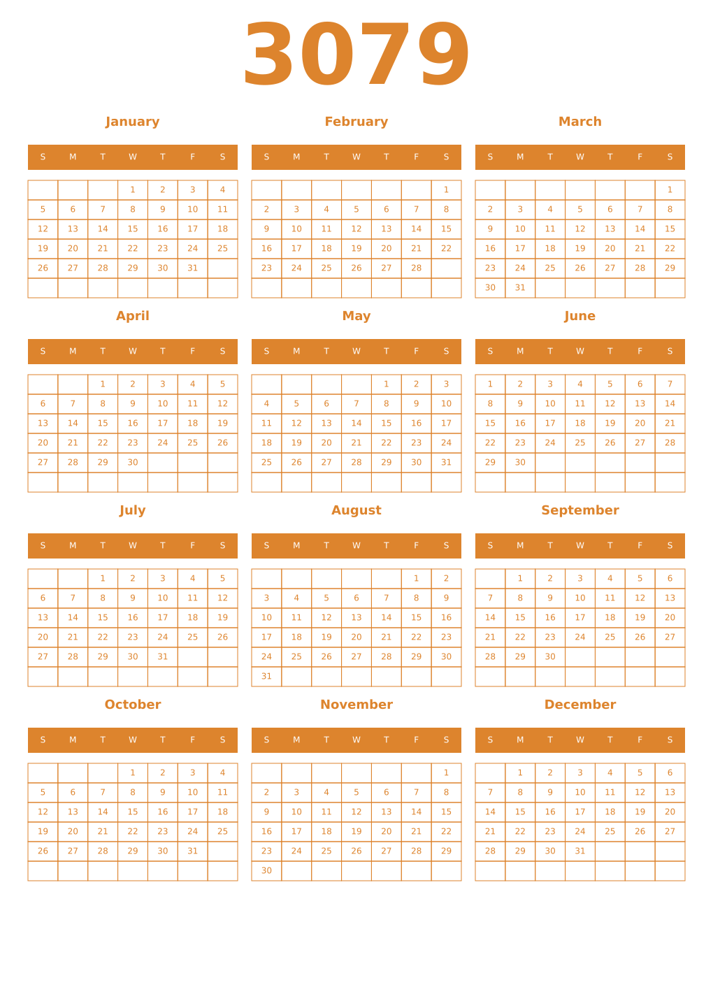 Printable 3079 Year Calendars orange