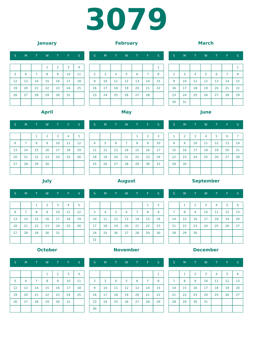 Printable 3079 Year Calendars pastel