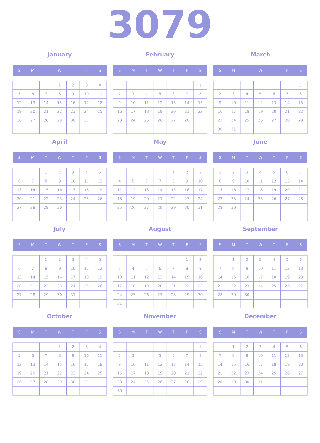 Printable 3079 Year Calendars periwinkle