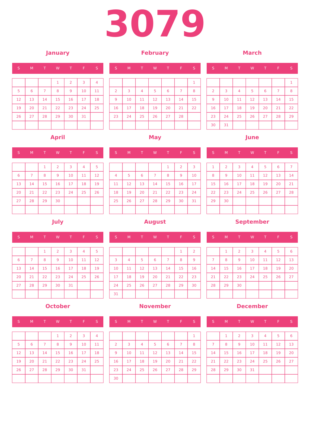 Printable 3079 Year Calendars pink