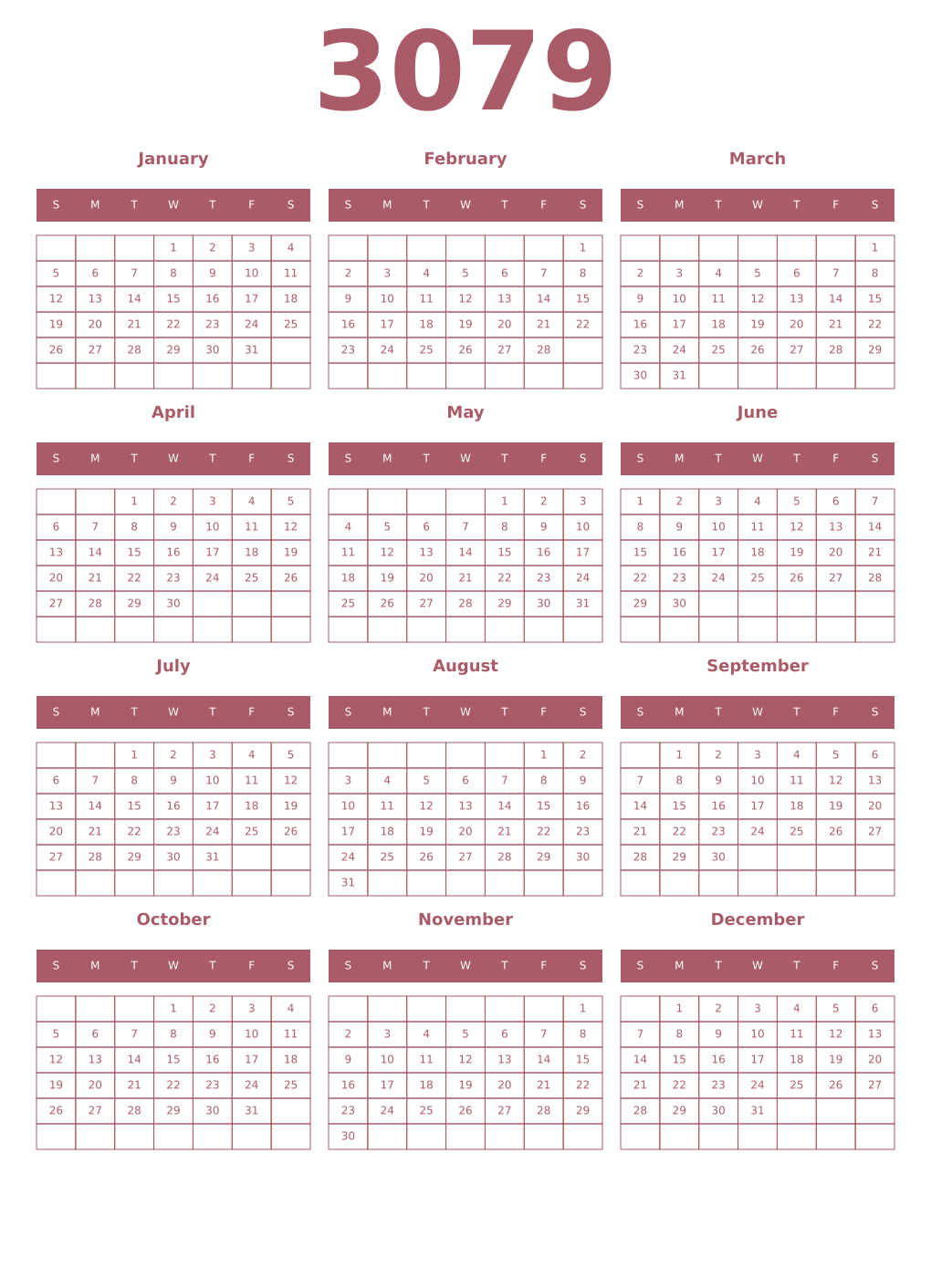 Printable 3079 Year Calendars puce