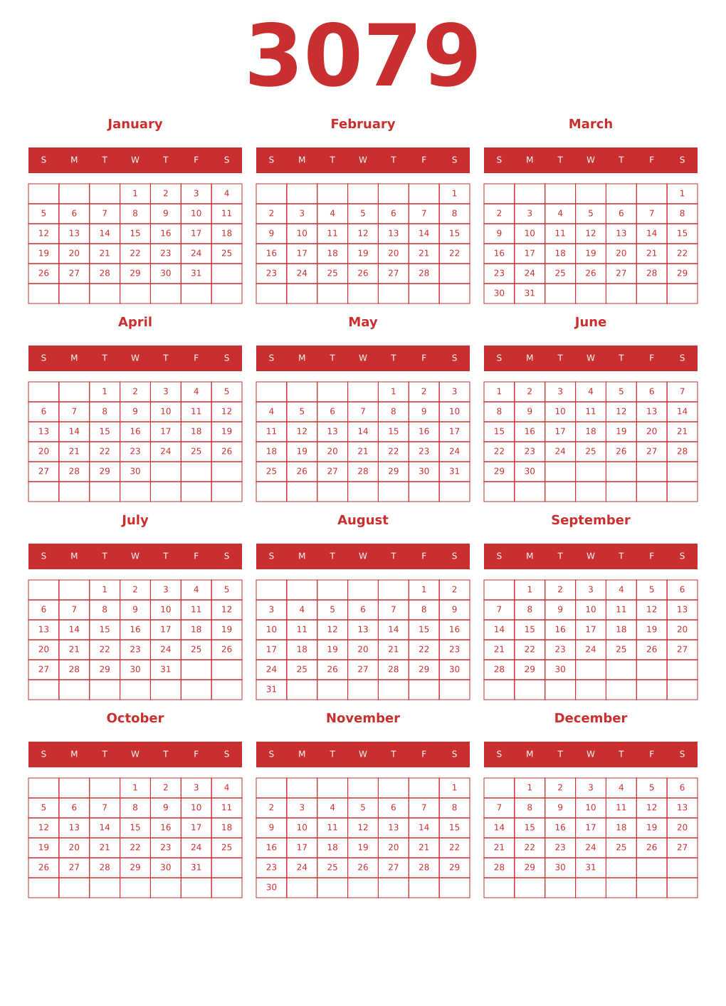 Printable 3079 Year Calendars red