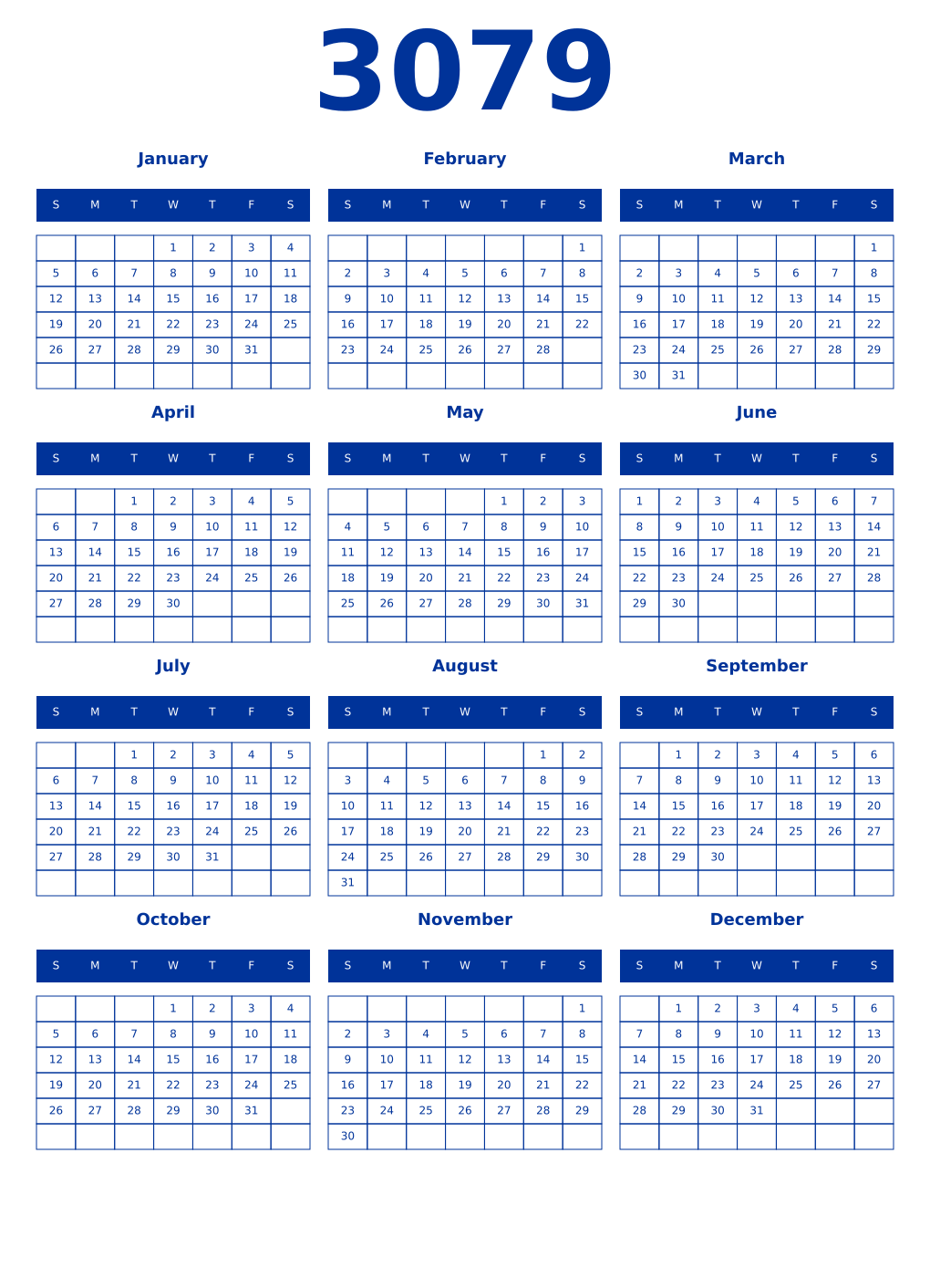 Printable 3079 Year Calendars smalt