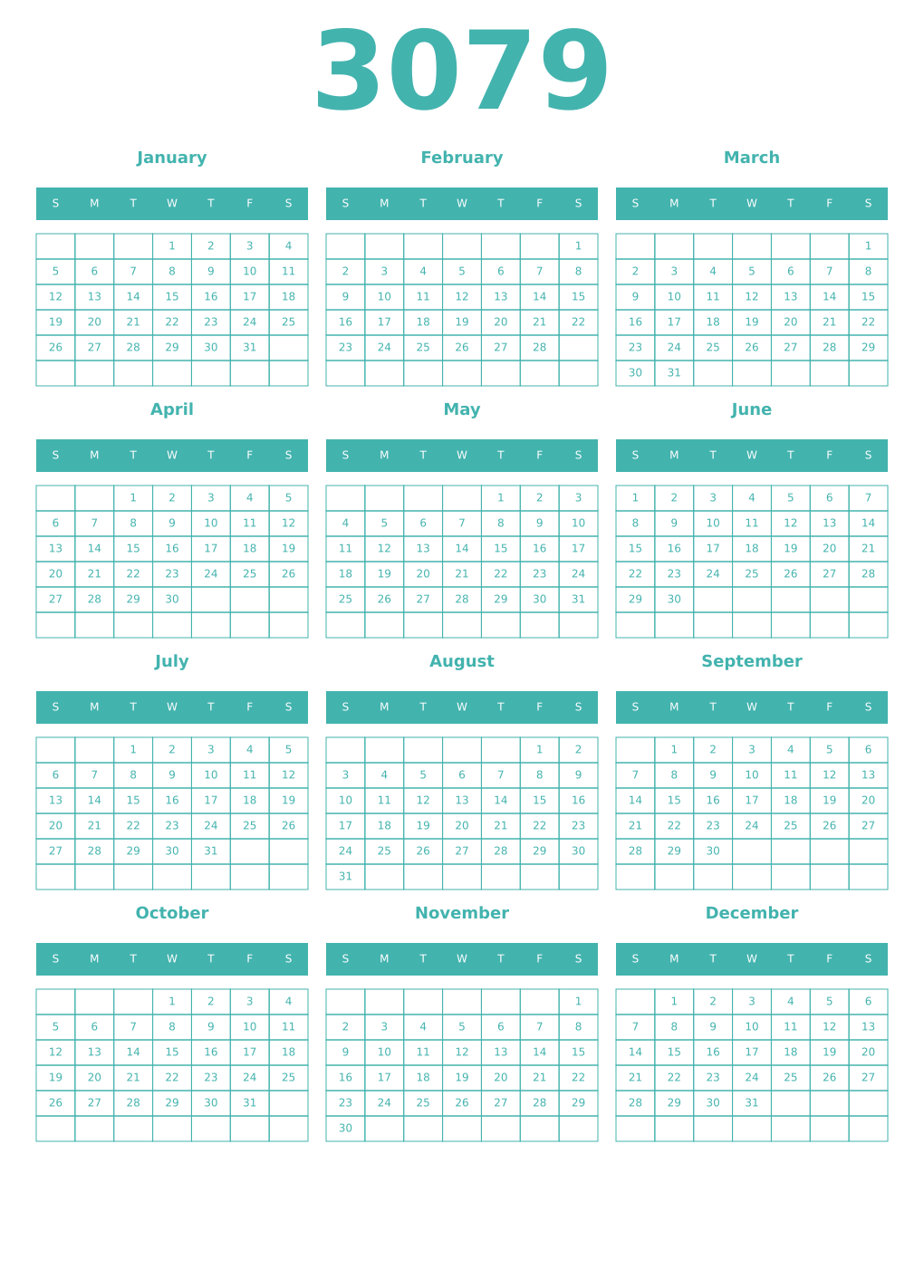 Printable 3079 Year Calendars verdigris