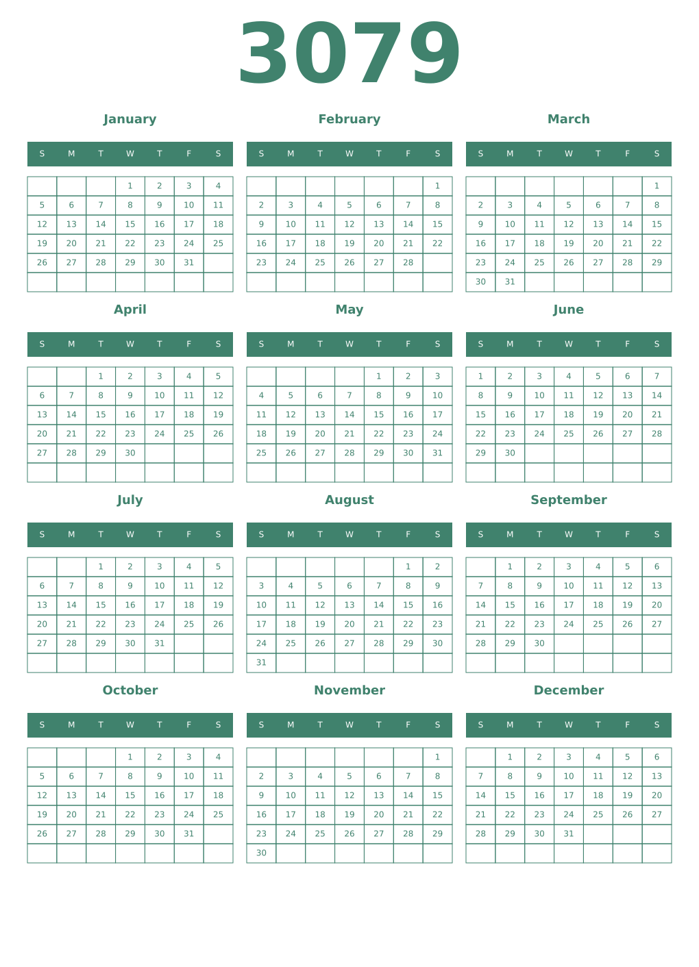 Printable 3079 Year Calendars viridian